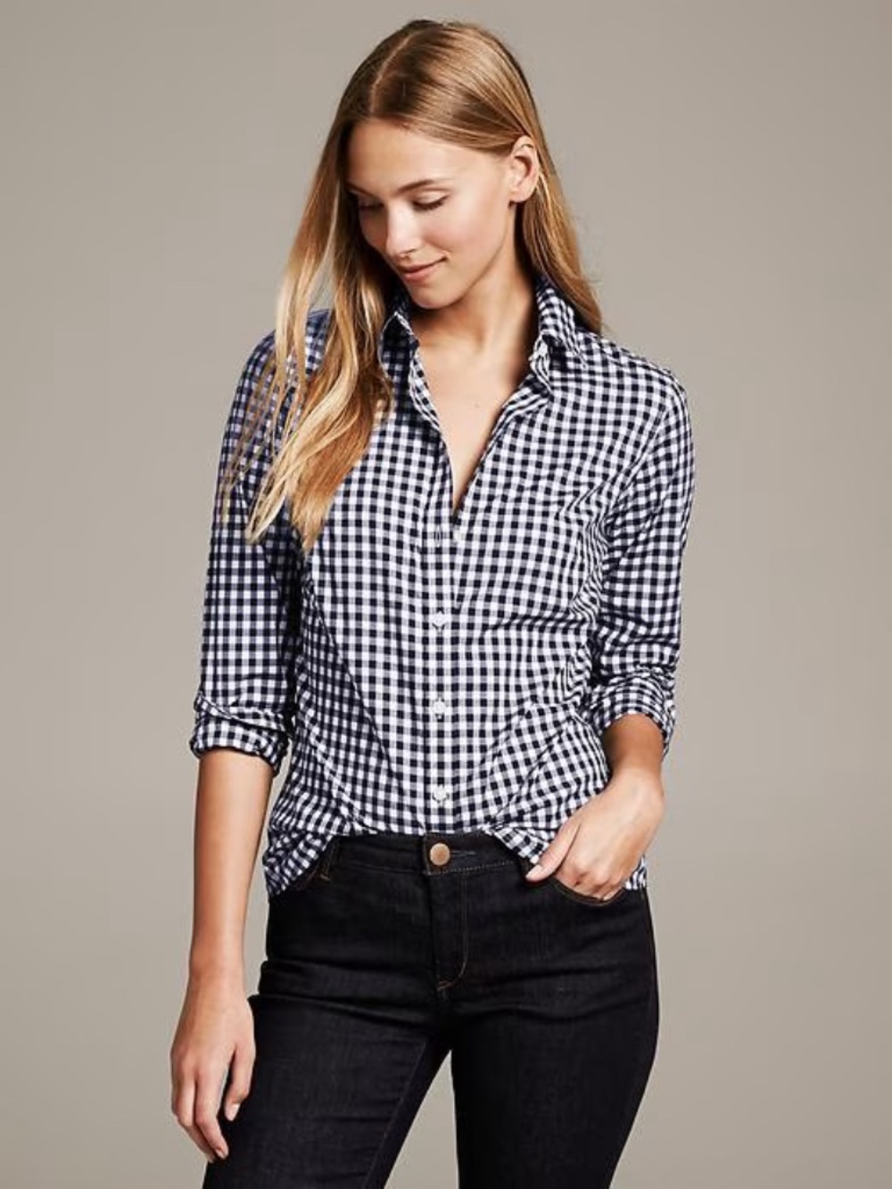 BANANA REPUBLIC Riley Tailored Gingham Button Down Shirt Navy Blue White Check 6